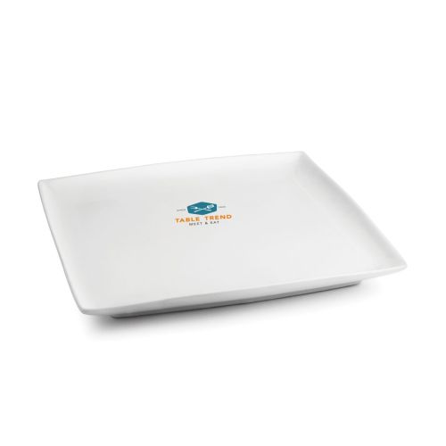 Vierkant Squito bord 26 cm van porselein met meerkleurig logo TableTrend op het vooraanzicht.