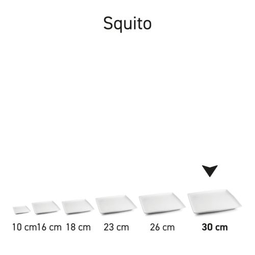 Serie van vierkante Squito borden in porselein, overzicht van meerdere exemplaren in verschillende formaten samen.