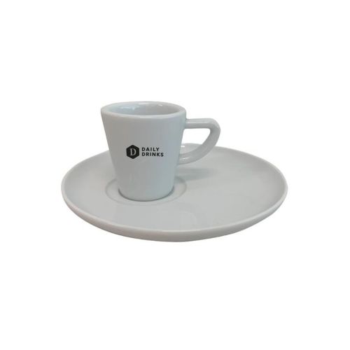 Delta espresso set 8 cl van porselein met DailyDrinks logo in één kleur op de kop, espresso kop en schotel voor koffieservice.