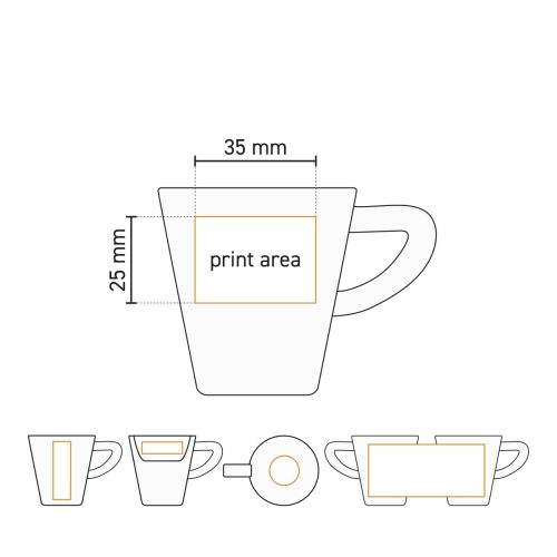 Technische werktekening van Delta espresso kop 8 cl porselein met aangeduid drukgebied voor logo op de buitenzijde van de kop.