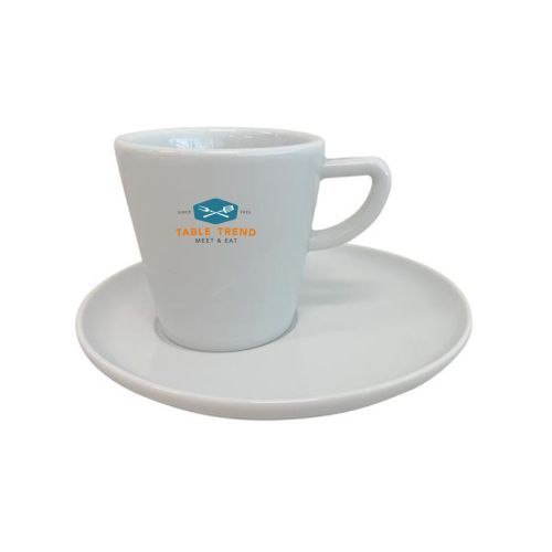 Delta koffiekopje 16 cl porseleinen set met éénkleurig logo op voorzijde, bedrukt koffiekopje met schotel.