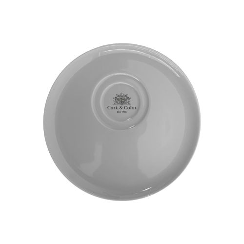 Delta schotel 15 cm van wit porselein met éénkleurig CorkColor logo op het vooraanzicht, ronde koffieschotel met bedrukking.