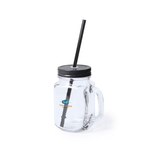 Drink Jar Country 48 cl glas met meerkleurig TableTrend logo op voorzijde en metalen deksel.