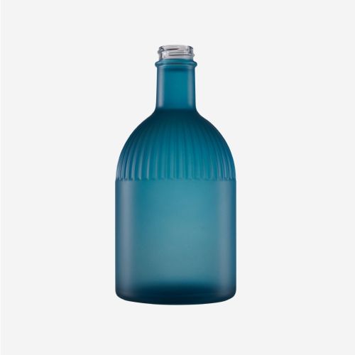 Fles Florence 0,5 liter van helder blauw glas, weergegeven in vooraanzicht met nadruk op vorm en inhoud van de fles.
