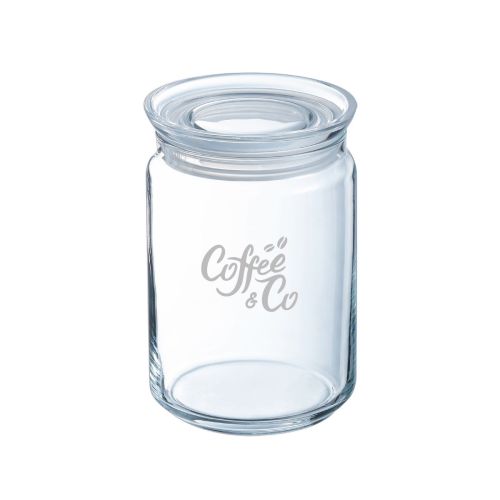 Glazen pot van 1 liter met deksel en gegraveerd CoffeeCo-logo zichtbaar op het vooraanzicht.