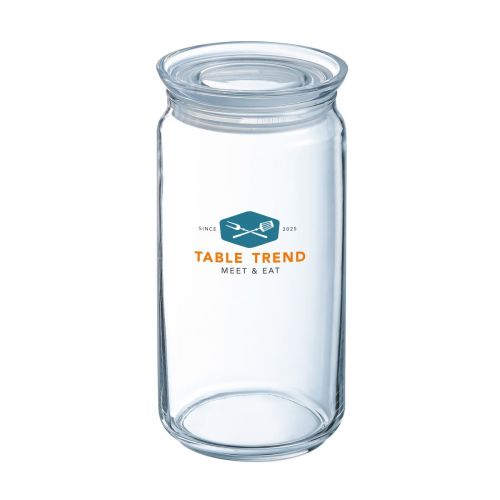 Glazen pot van 1,5 liter met TableTrend-logo in kleur op de voorkant, transparant voorraadglas met bedrukking.