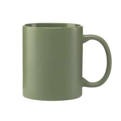 Vooraanzicht van Kitty mok mat 35 cl. in groen porselein met glad mat oppervlak en rechte cilindervorm.