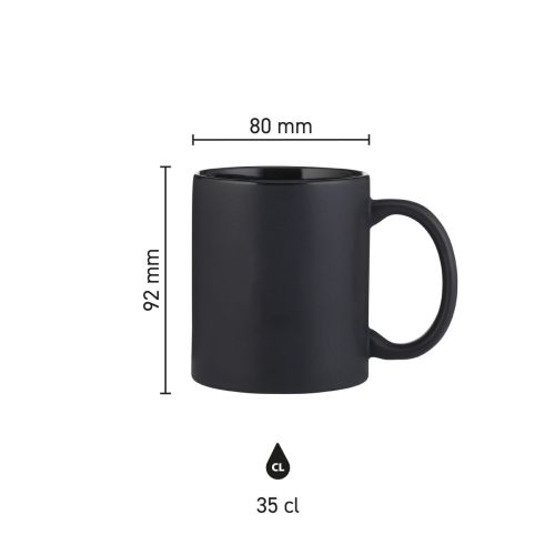 Infographic toont afmetingen van Kitty mok mat 35 cl. porselein met hoogte- en diameterdetails.