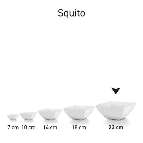 Serie van vierkante Squito kommen in porselein, overzicht van meerdere exemplaren met verschillende inhoudsformaten samen.