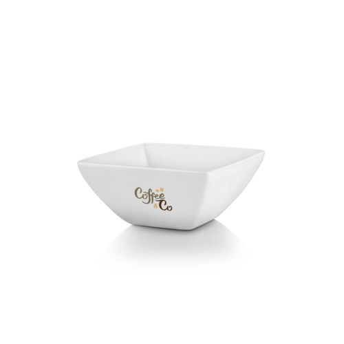 Vierkante Squito kom 7 cm van porselein met 1-kleur logo CorkColor op het vooraanzicht.