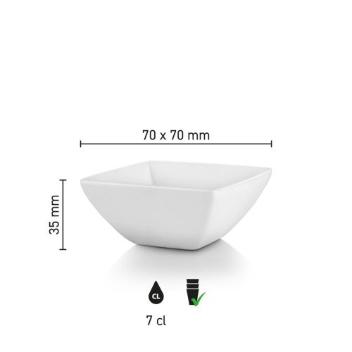 Infographic met afmetingen van de vierkante Squito kom 7 cm in porselein.