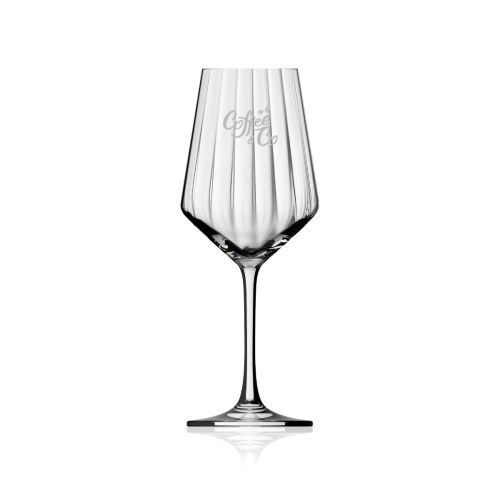 Melody lines wijnglas 35 cl. met fijn gegraveerd CoffeeCo-logo op het vooraanzicht van de glazen kelk.