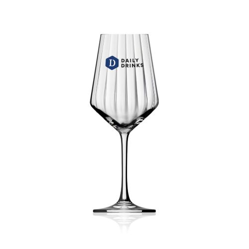 Wijnglas Melody lines 35 cl. van glas met meerkleurigDailyDrinks-logo op de kelk, duidelijk zichtbaar op de voorzijde.