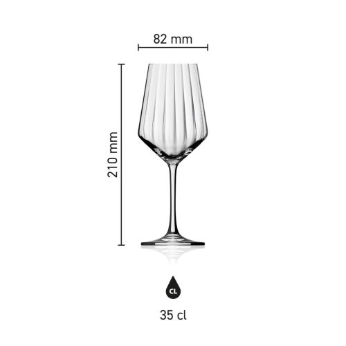 Infographic met afmetingen van het Melody lines wijnglas 35 cl, inclusief hoogte, kelkdiameter en inhoud.