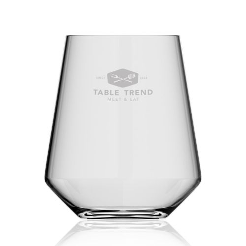 Glazen Melody tumbler 40 cl met gegraveerd TableTrend-logo op het vooraanzicht, fijn en subtiel aangebracht.