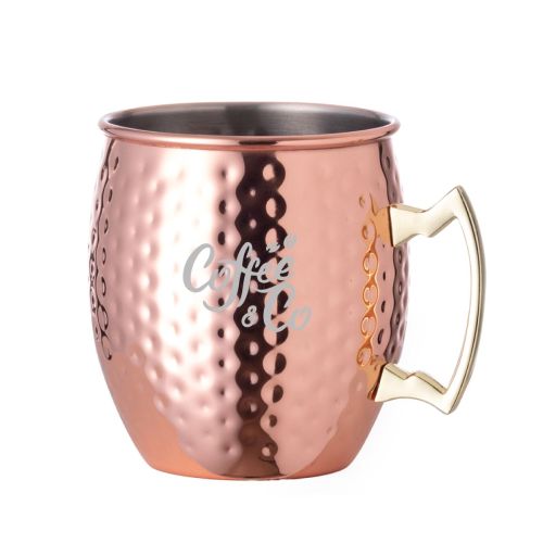 Moscow Mule beker 50 cl van gehamerd RVS met gegraveerd CoffeeCo logo op het vooraanzicht