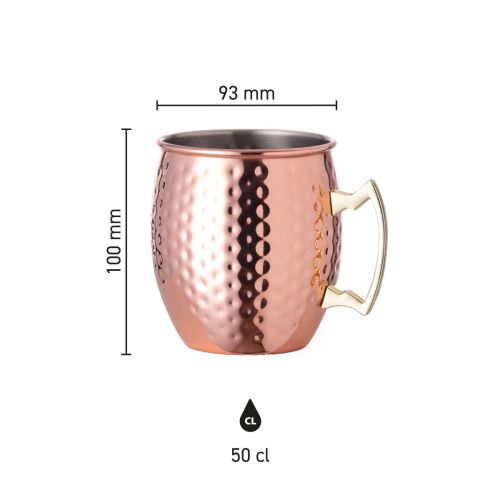 Infographic met afmetingen van Moscow Mule beker 50 cl gehamerd RVS met hoogte en diameter aanduiding