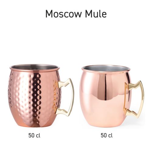 Serie Moscow Mule bekers 50 cl van gehamerd RVS naast elkaar opgesteld met identiek ontwerp
