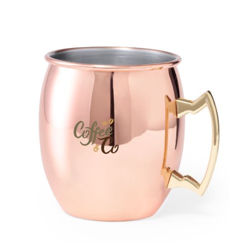 Moscow Mule beker van RVS van 50 cl met CoffeeCo-logo in kleur op de voorkant van de metalen beker.
