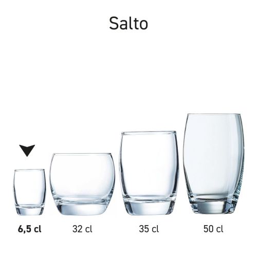 Salto borrelglas 6,5 cl. van helder glas gepresenteerd als glaswerk serie met meerdere identieke borrelglazen.