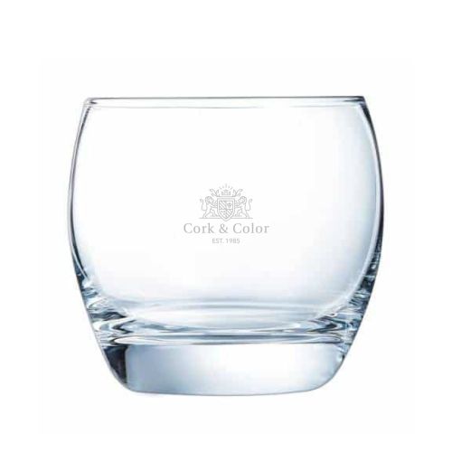 Salto Tumbler 32 cl glas met gegraveerd logo op vooraanzicht, subtiele glasgravure via CorkColor.