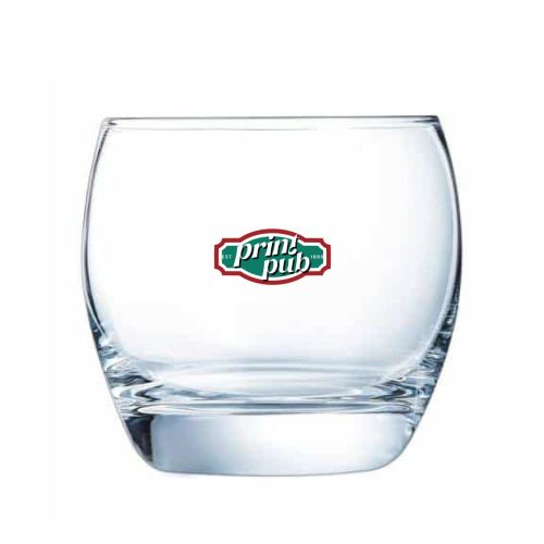 Salto Tumbler 32 cl glas met meerkleurig logo op voorzijde, PrintPub bedrukking op helder drinkglas.