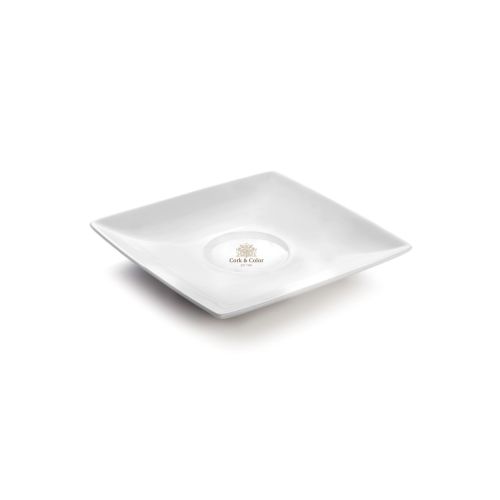 Squito koffie schotel 13 cm van porselein met meerkleurig CorkColor logo op de bovenzijde.
