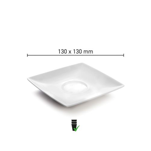 Infographic met productafmetingen van de Squito koffie schotel 13 cm in porselein.