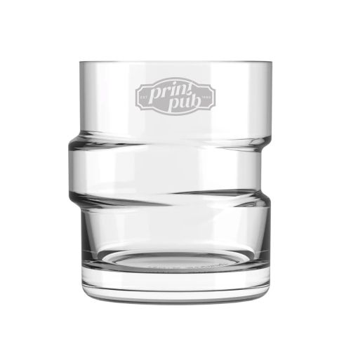 Transparant The Glitch tumbler glas 35,5 cl met gegraveerd PrintPub-logo op de voorzijde.