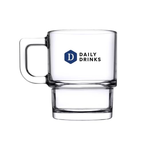 Transparant theeglas Hill 32 cl van glas met DailyDrinks-logo in kleur op het vooraanzicht.