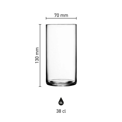 Infographic met afmetingen van de Top Class tumbler 38 cl, transparant drinkglas met duidelijk maatoverzicht.