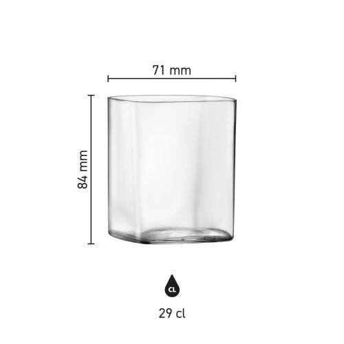 Infographic met productafmetingen van de Top Class Tumbler vierkant 29 cl. weergegeven bij het glazen drinkglas.
