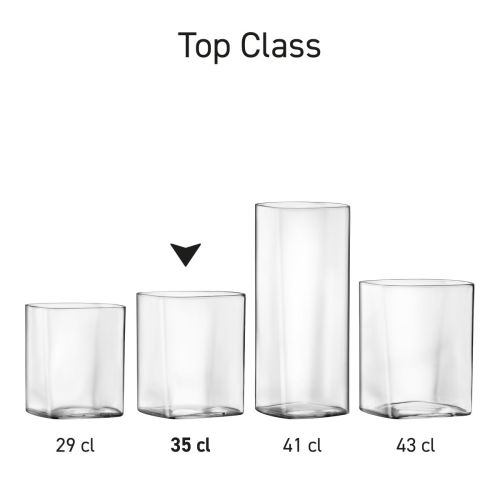 Overzicht van de afmetingen van de Top Class Tumbler vierkant, weergegeven bij het vierkante glas.
