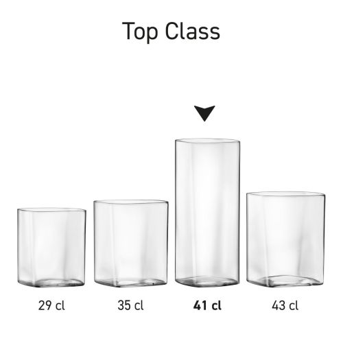Serie van Top Class Tumbler vierkant glazen, getoond als meerdere transparante tumblers naast elkaar.