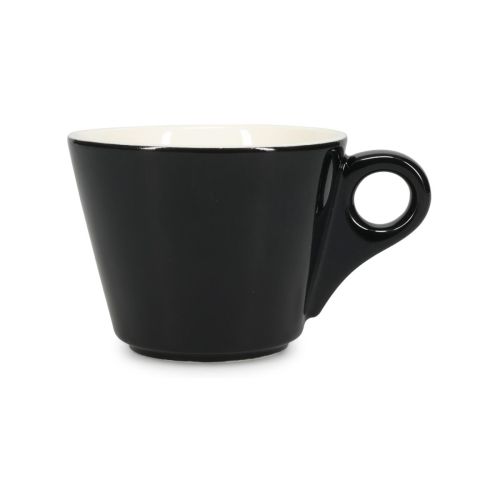 Vooraanzicht van Baristo Cappuccino Kop 21 cl. van zwart-wit porselein met brede opening en afgeronde vorm.