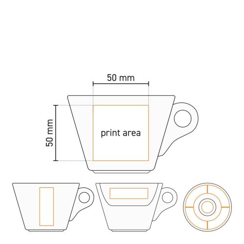 Technische werktekening met drukgebied voor opdruk op Baristo Latte 28 cl porseleinset.