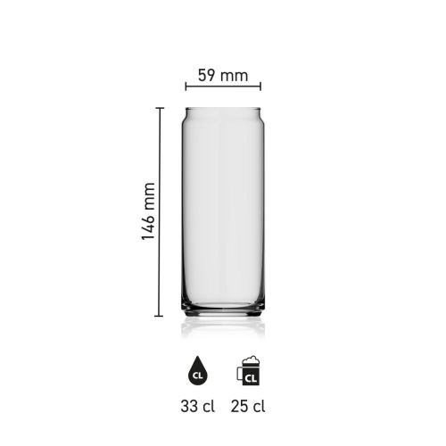 Maatvoering van het Bierglas Can 33 cl. met hoogte, diameter en inhoud in infographic