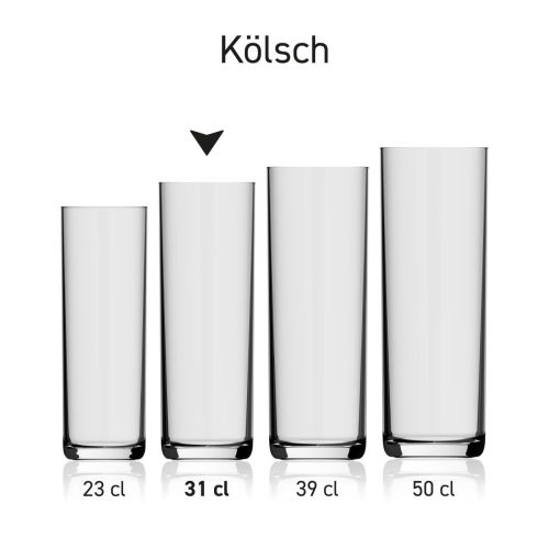 Bierglas Kölsch 31 cl. glas in serie met meerdere exemplaren naast elkaar getoond