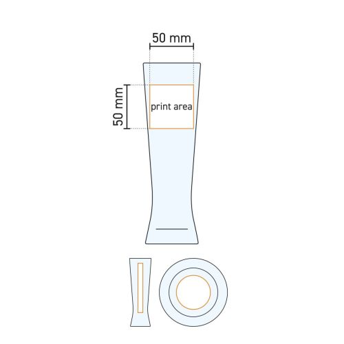 Werktekening van het bierglas Monaco 30 cl tapmaat met aanduiding van het drukgebied, toont de beschikbare ruimte voor logobedrukking of gravure als technische specificatie voor het aanleveren van artwork.
