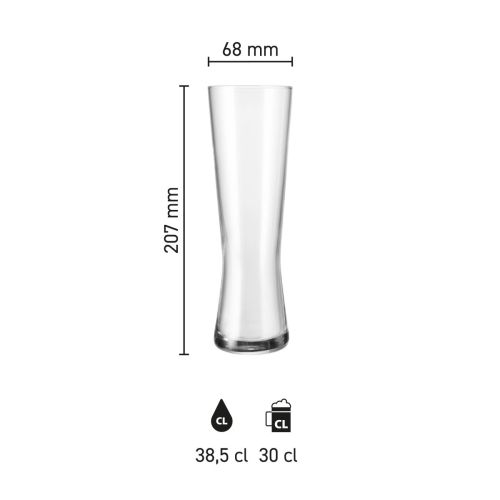Infographic met productafmetingen van het bierglas Monaco 30 cl tapmaat, toont hoogte, diameter en inhoud met maatlijnen, handig als technische referentie bij het bestellen van bedrukte bierglazen.
