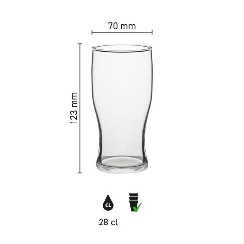 Infographic met afmetingen van bierglas Tulip stapel 28 cl, inclusief hoogte en diameter in overzicht.
