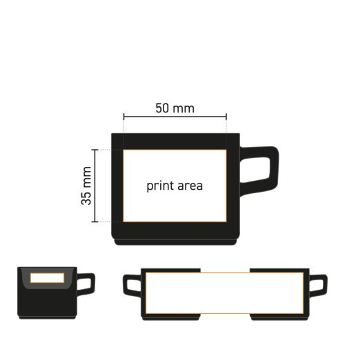 Technische werktekening van Blackwell Espresso Kop 9 cl met aanduiding van het drukgebied voor logo’s.