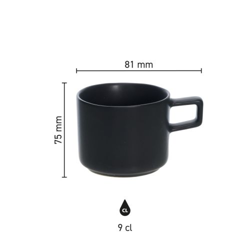 Overzicht met afmetingen van de Blackwell Espresso Kop 9 cl in porselein, inclusief hoogte en diameter.