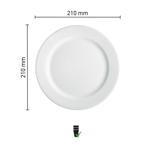 Maatvoering van het bord met brede rand wit 21 cm porselein met diameter en randbreedte in infographic