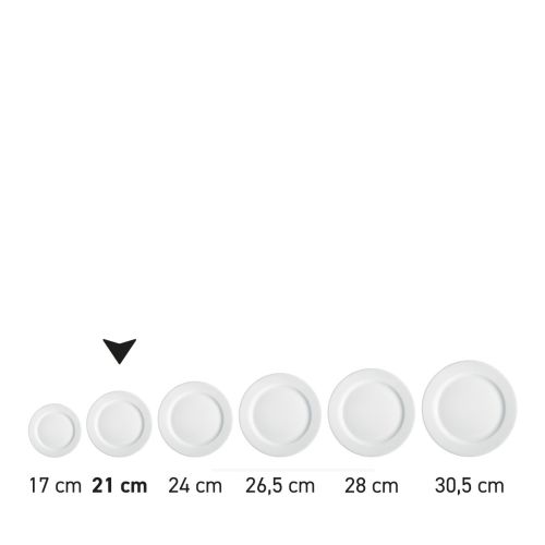 Bord met brede rand wit 21 cm porselein in serie, meerdere exemplaren naast elkaar getoond