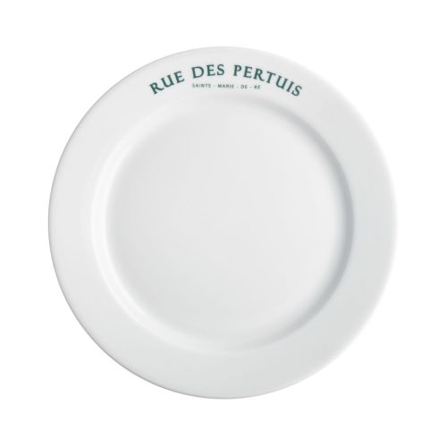 Bord met brede rand wit 24 cm porselein met eenkleurig logo van Rue des Pertuis op de rand