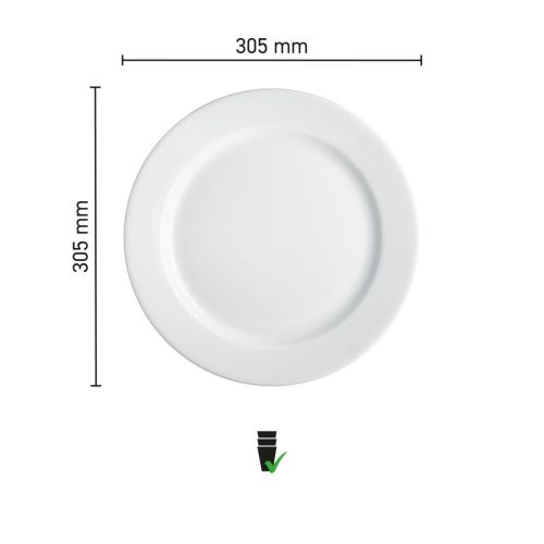 Maatvoering van het bord met brede rand 30,5 cm van wit porselein met diameter en randbreedte in infographic