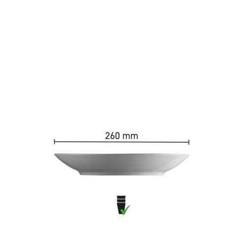 Infografiek toont afmetingen van het diepe Isabelle bord 26 cm in wit porselein.