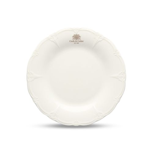Wit porseleinen bord van 16 cm met éénkleurig logo CorkColor gecentreerd op het vooraanzicht.