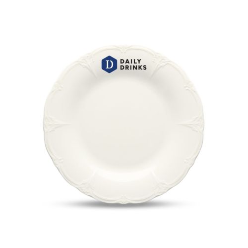 Porseleinen Retro bord 16 cm met meerkleurig logo van DailyDrinks zichtbaar op de voorzijde.